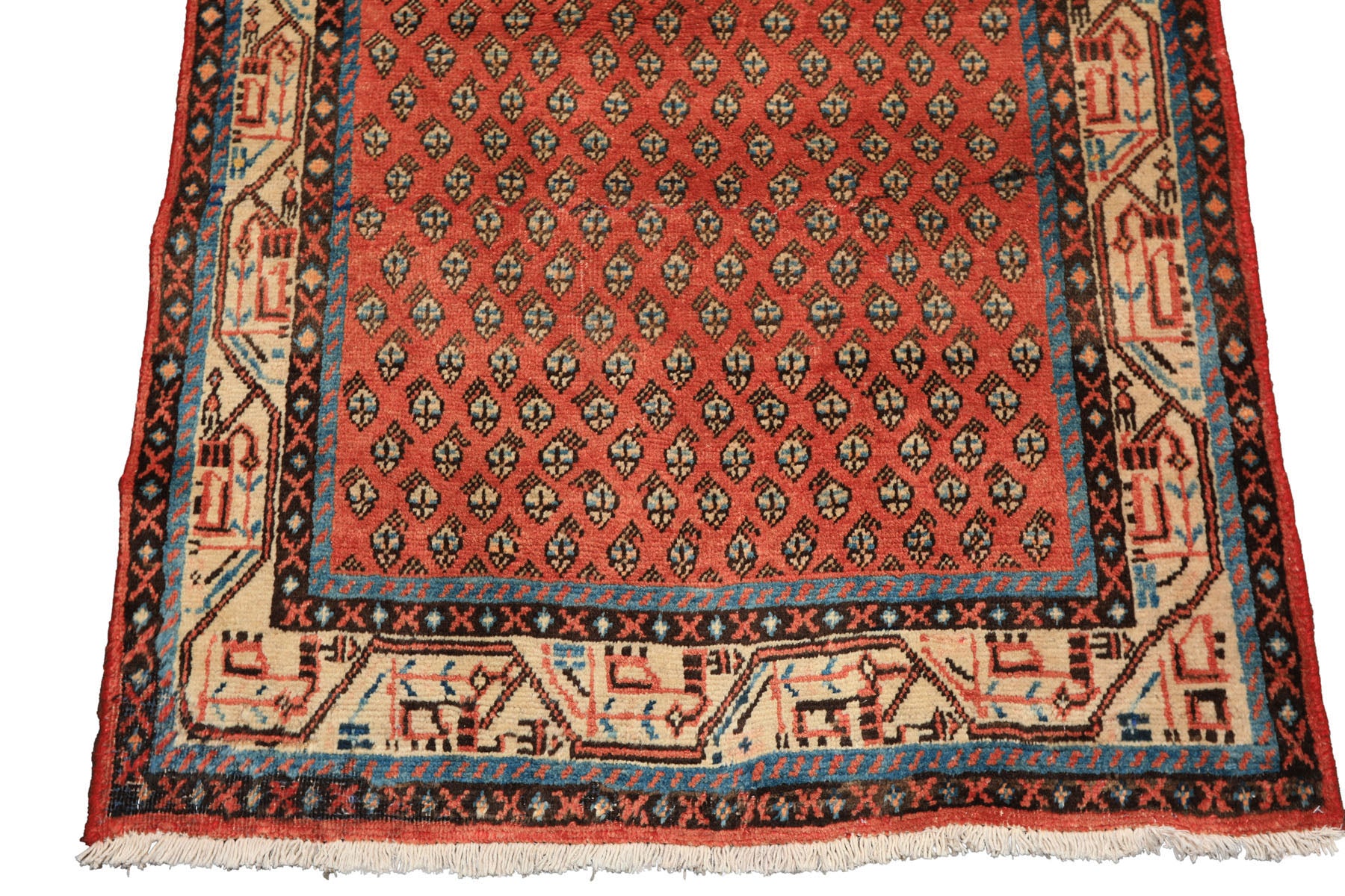 Runner Rust, Ivory, Blue Color Hand Knotted Gul Wool Traditional Oriental Rug