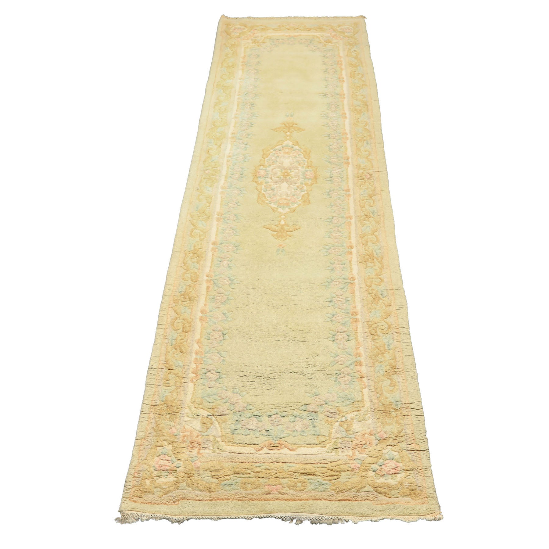Runner Faded Mint, Aqua, Blush Color Hand Knotted French Aubusson Savonnerie Wool Traditional Oriental Rug