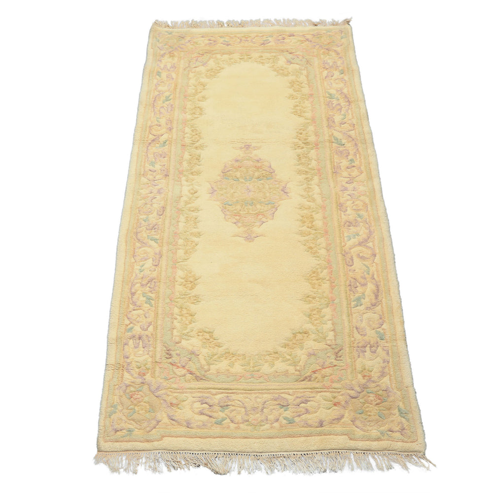 Runner Ivory, Mint, Lavender Color Hand Knotted French Aubusson Savonnerie Wool Traditional Oriental Rug