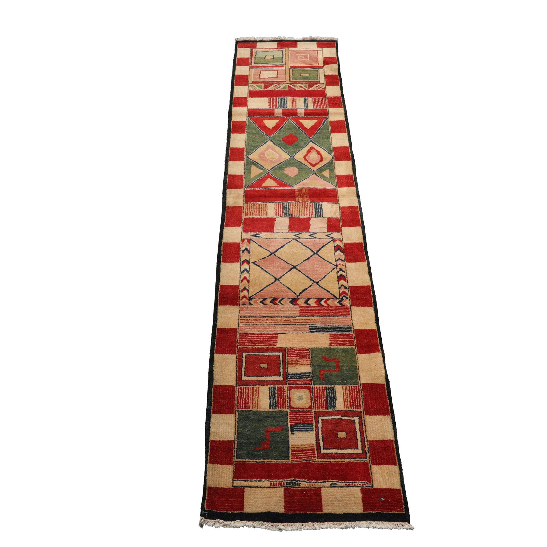 Knotted Rug Red Green Hand Knotted Runner Michaelian and Kohlberg Modern Contemporary Tibetan 100% Wool Oriental Area Rug