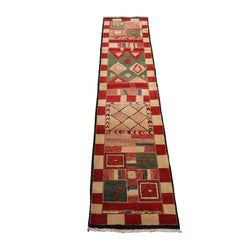 Knotted Rug Red Green Hand Knotted Runner Michaelian and Kohlberg Modern Contemporary Tibetan 100% Wool Oriental Area Rug