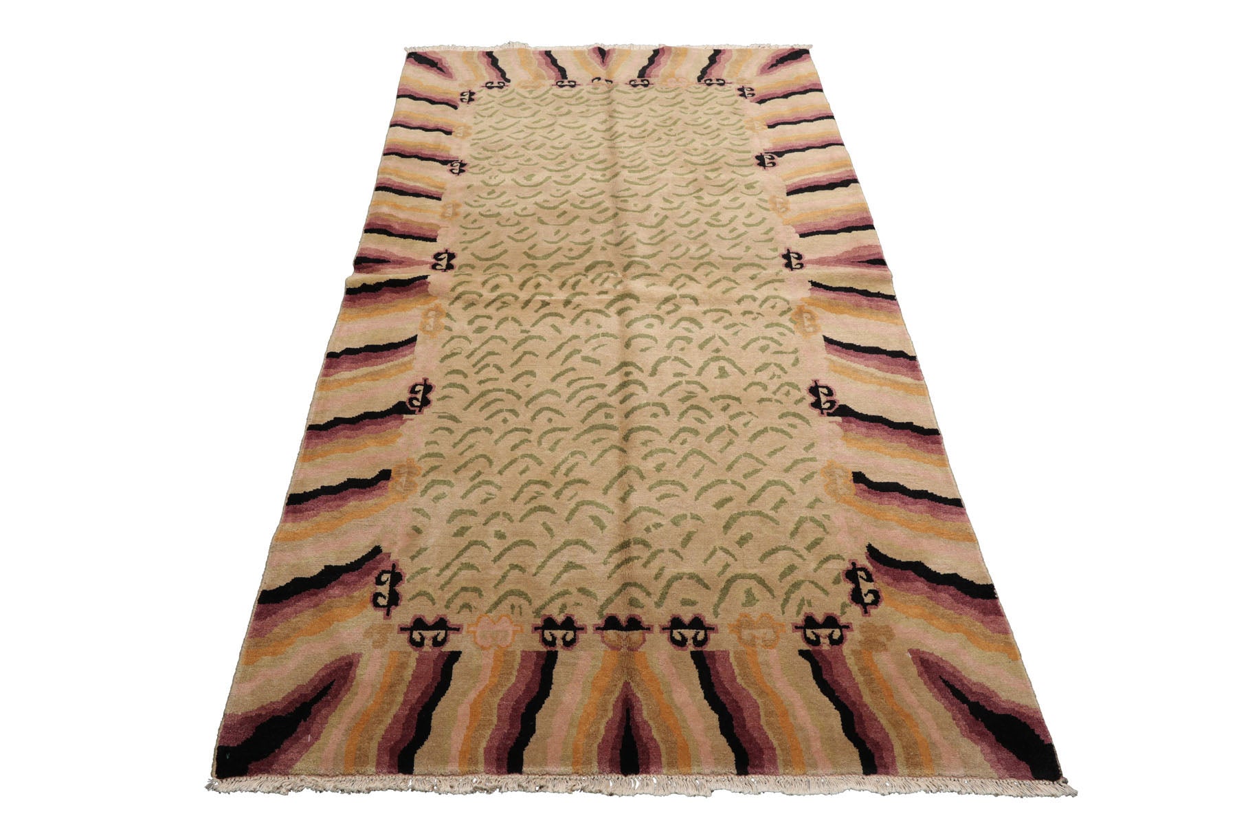 Knotted Rug Beige Sage Hand Knotted 3'11''x7' Michaelian and Kohlberg Modern Contemporary Tibetan 100% Wool Oriental Area Rug