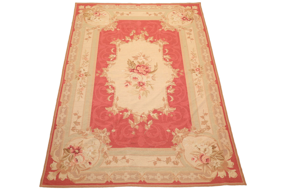 6x9 Fuschsia, Beige, Mint Color Hand Knotted French Aubusson Needlepoint Wool Traditional Oriental Rug