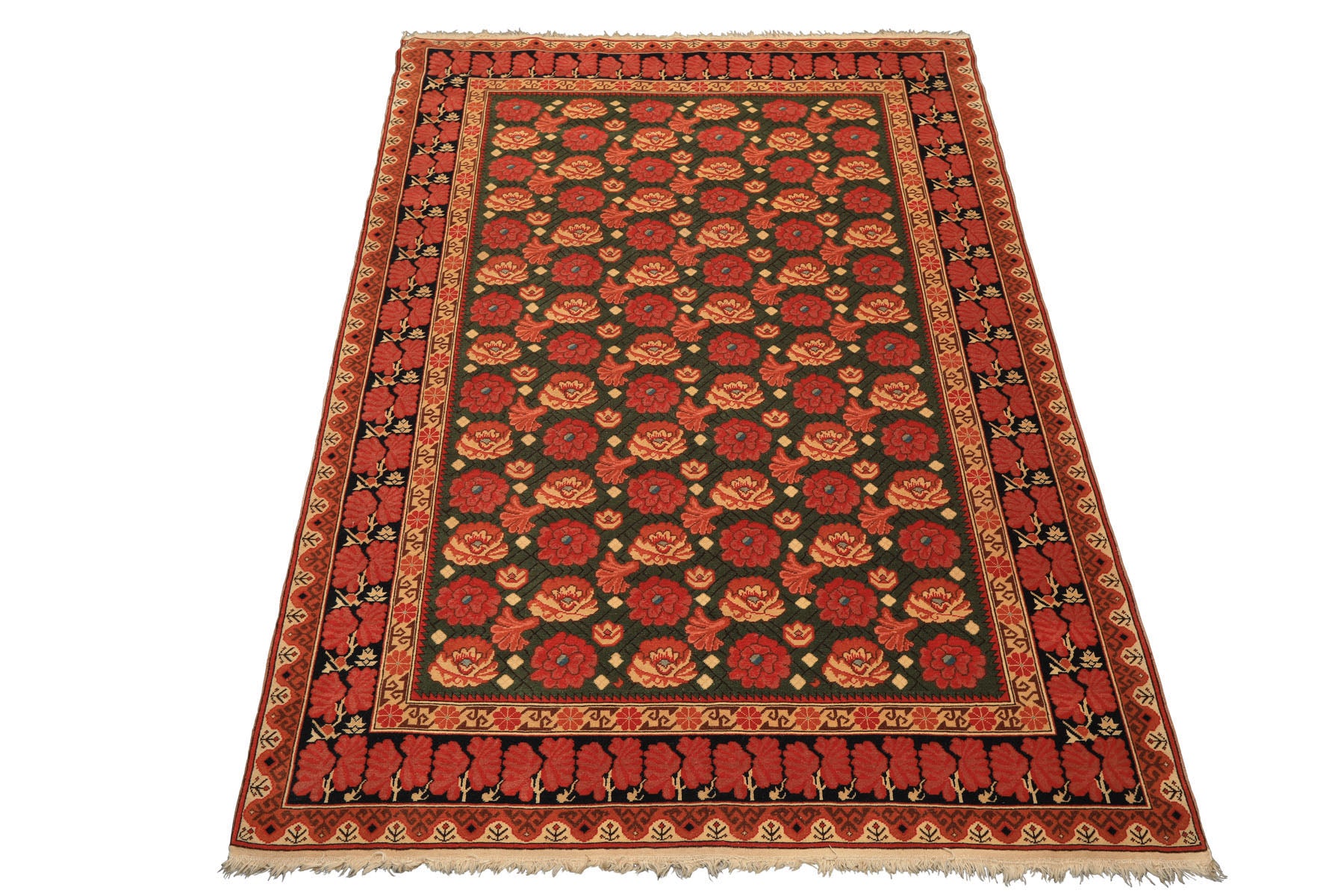 6x9 Green, Rose, Charcoal Color Hand Knotted  Wool Traditional Oriental Rug