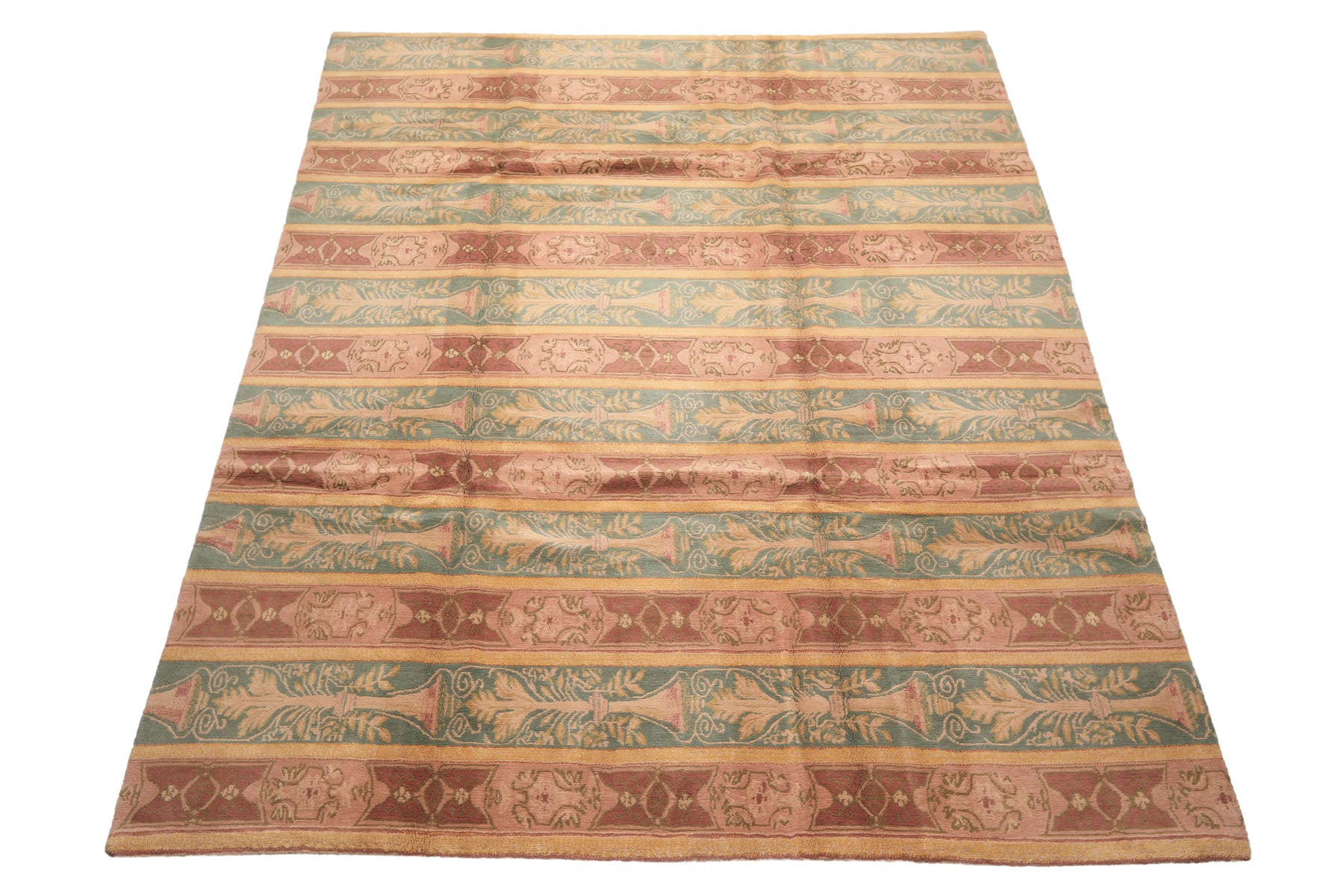 8x10 Blush, Aqua, Gold Color Hand Knotted Tibetan Wool Transitional Oriental Rug