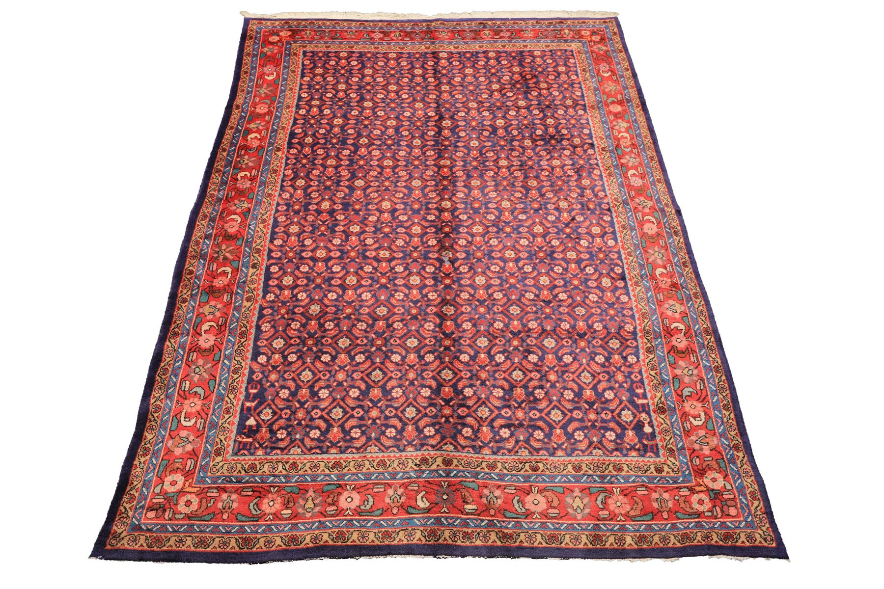 7x11 Royal Blue, Coral, Blush Color Hand Knotted Mahal Sarouk Wool Traditional Oriental Rug