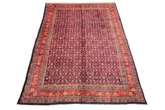 7x11 Royal Blue, Coral, Blush Color Hand Knotted Mahal Sarouk Wool Traditional Oriental Rug