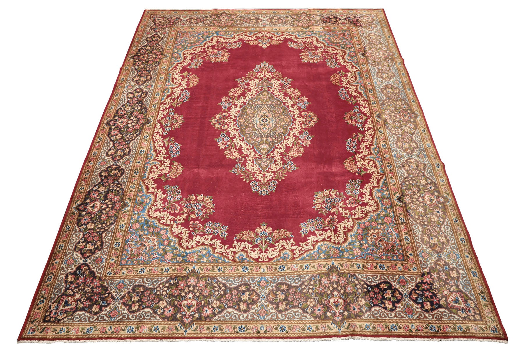 10x14 Coral, Aubergine, Aqua Color Hand Knotted Kerman Wool Traditional Oriental Rug