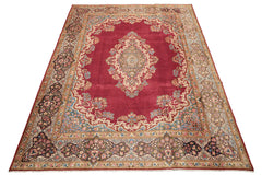 10x14 Coral, Aubergine, Aqua Color Hand Knotted Kerman Wool Traditional Oriental Rug