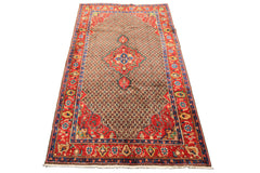 Runner Brown, Coral, Turquoise Color Hand Knotted Hamadan Wool  Oriental Rug