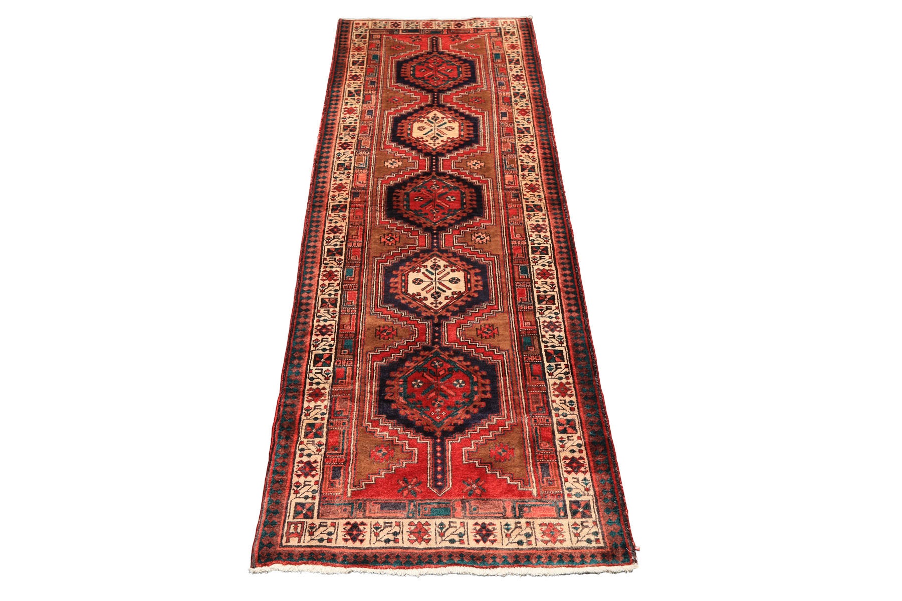 Runner Navy, Brown, Ivory Color Hand Knotted Hamadan Wool Traditional Oriental Rug