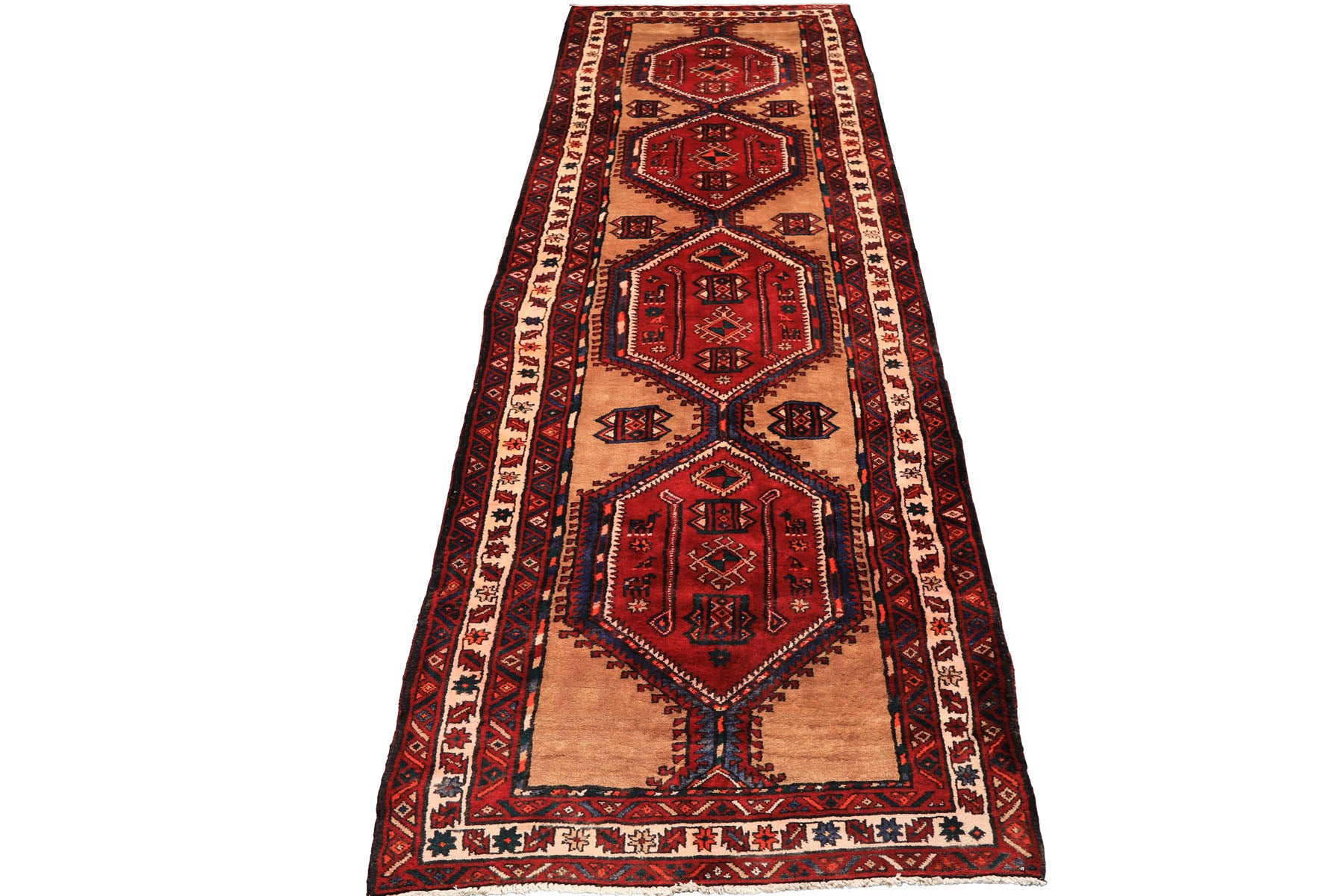 Runner Burgundy, Camel, Ivory Color Hand Knotted Kurdish Bidjar Wool Traditional Oriental Rug