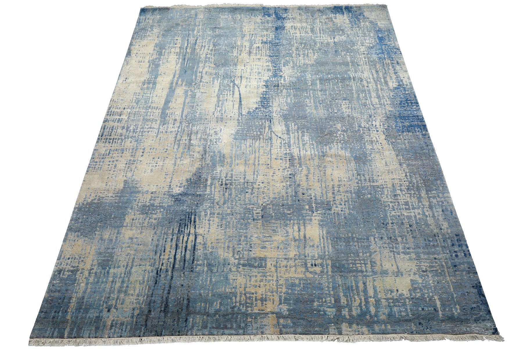 Knotted Rug Beige Blue Hand Knotted 8'x10' Sherpa Modern Contemporary Wool and Silk Oriental Area Rug