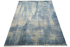 Knotted Rug Beige Blue Hand Knotted 8'x10' Sherpa Modern Contemporary Wool and Silk Oriental Area Rug