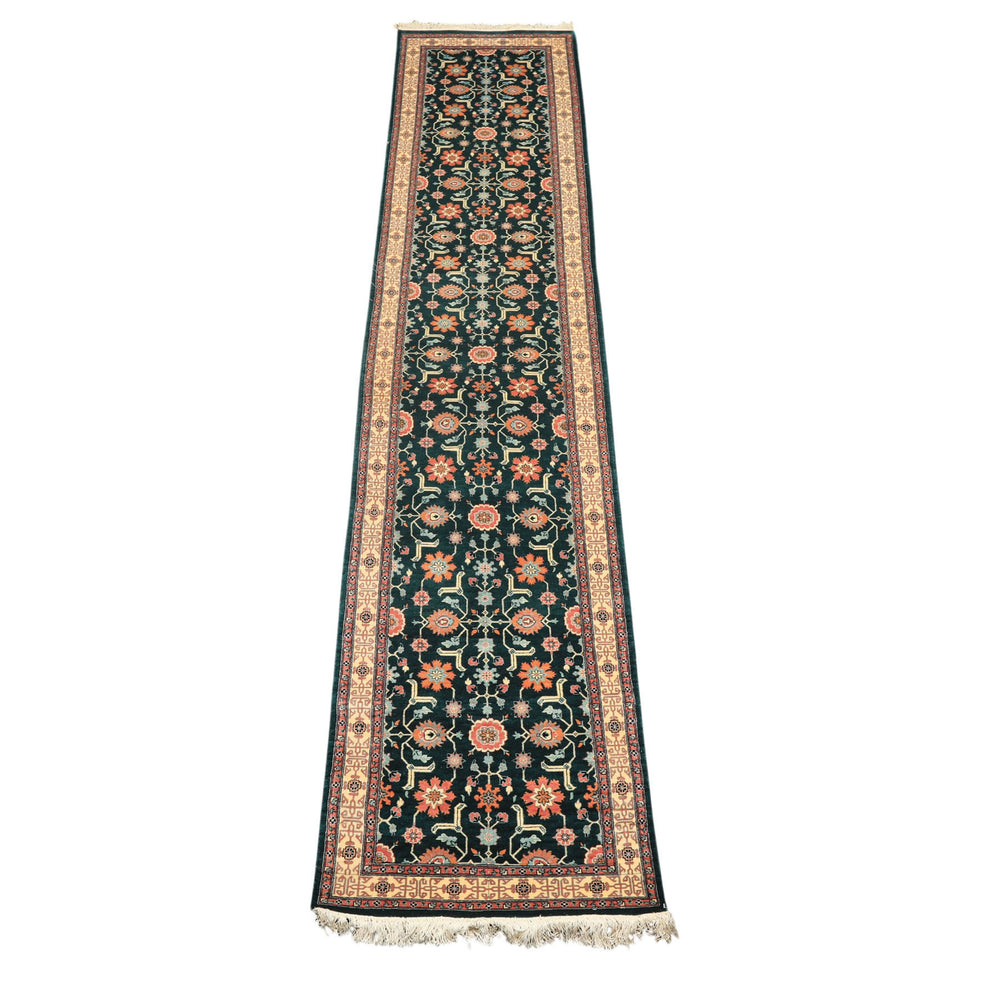 2'6x12 Teal, Ivory, Rose Color Hand Knotted Pak Persian Wool Traditional Oriental Rug