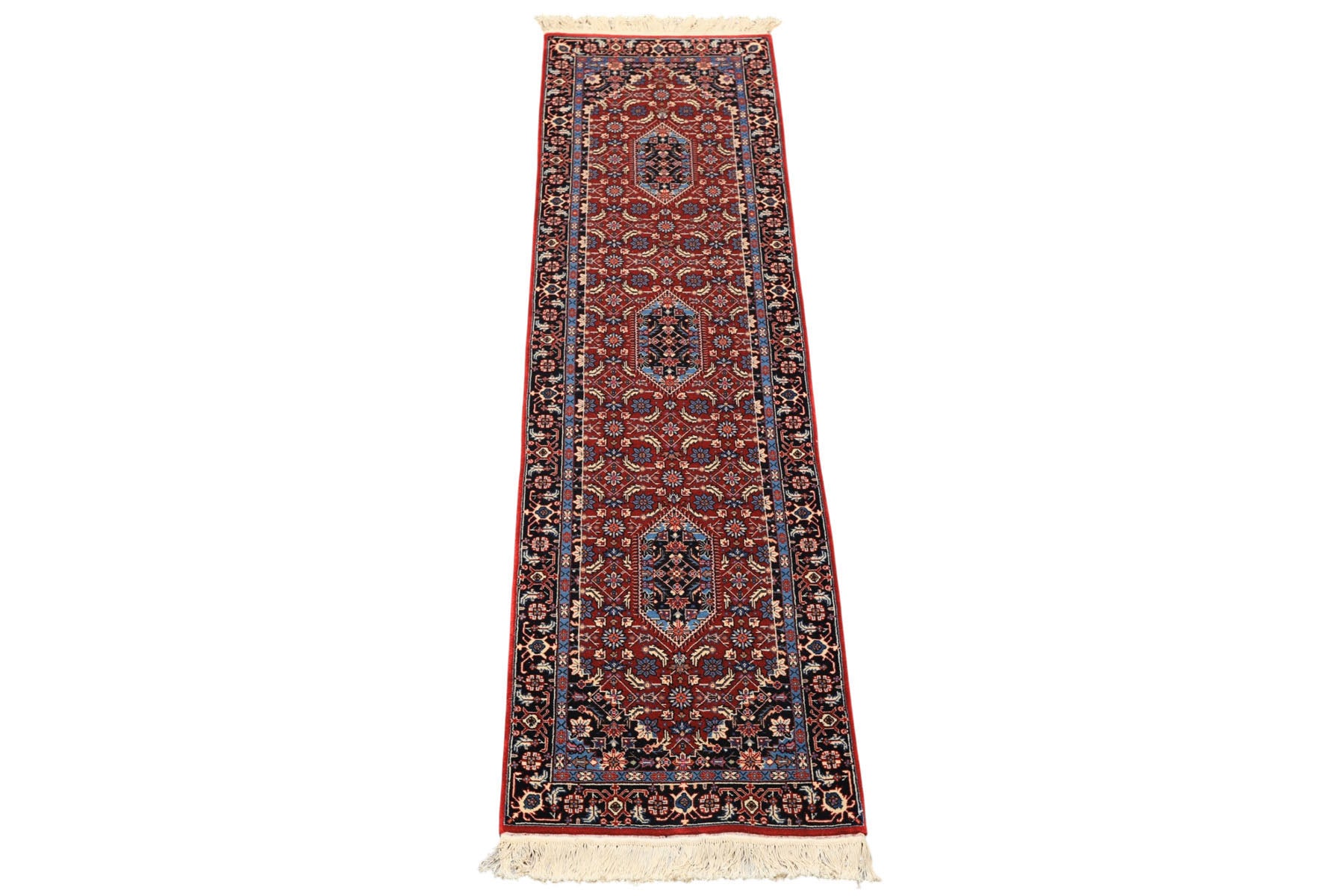 2'6x8 Red, Midnight Blue, Ivory Color Hand Knotted Indo Tabriz Wool Traditional Oriental Rug