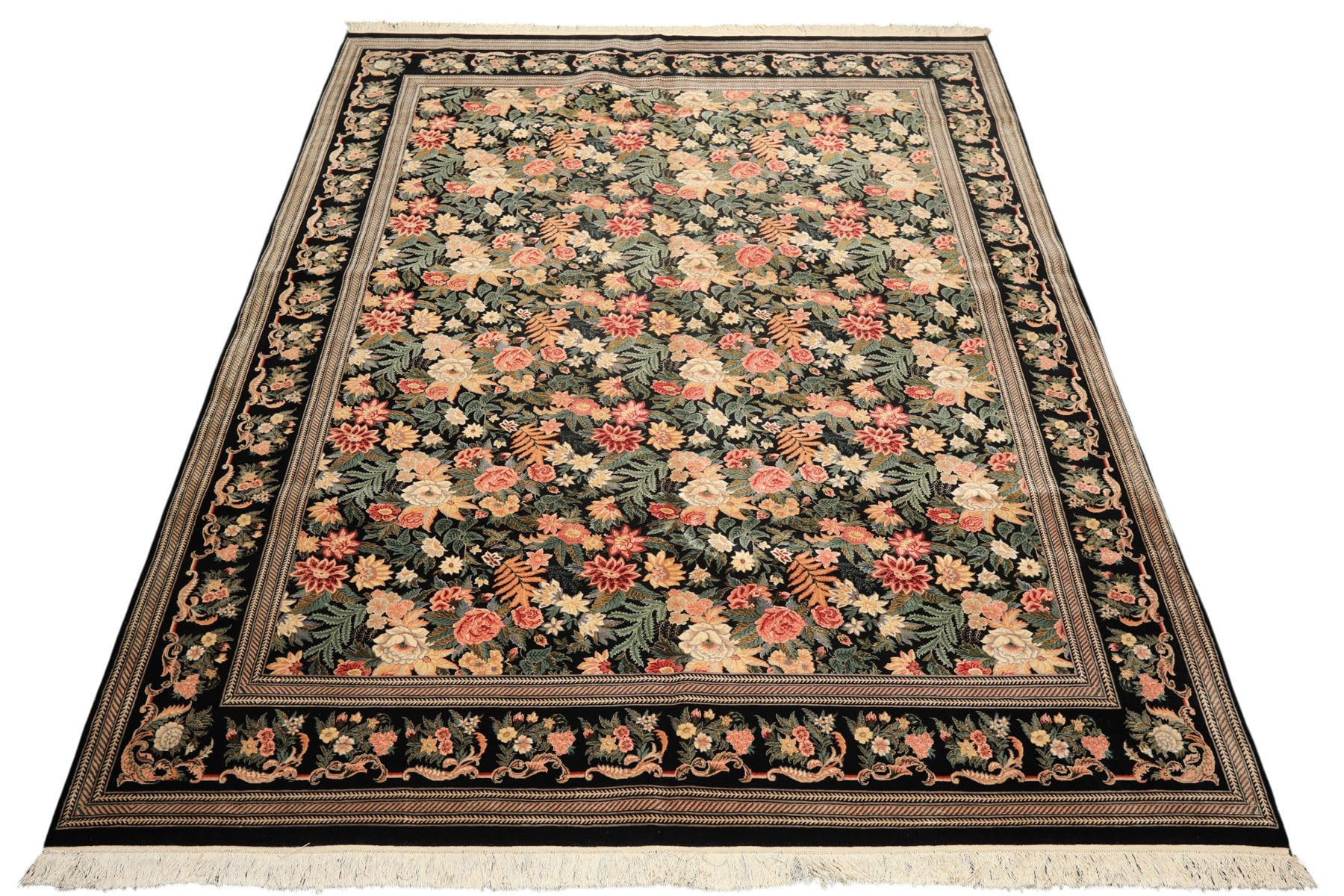 9x12 Black, Ivory, Rose Color Hand Knotted Pak Persian Wool & Silk Traditional Oriental Rug