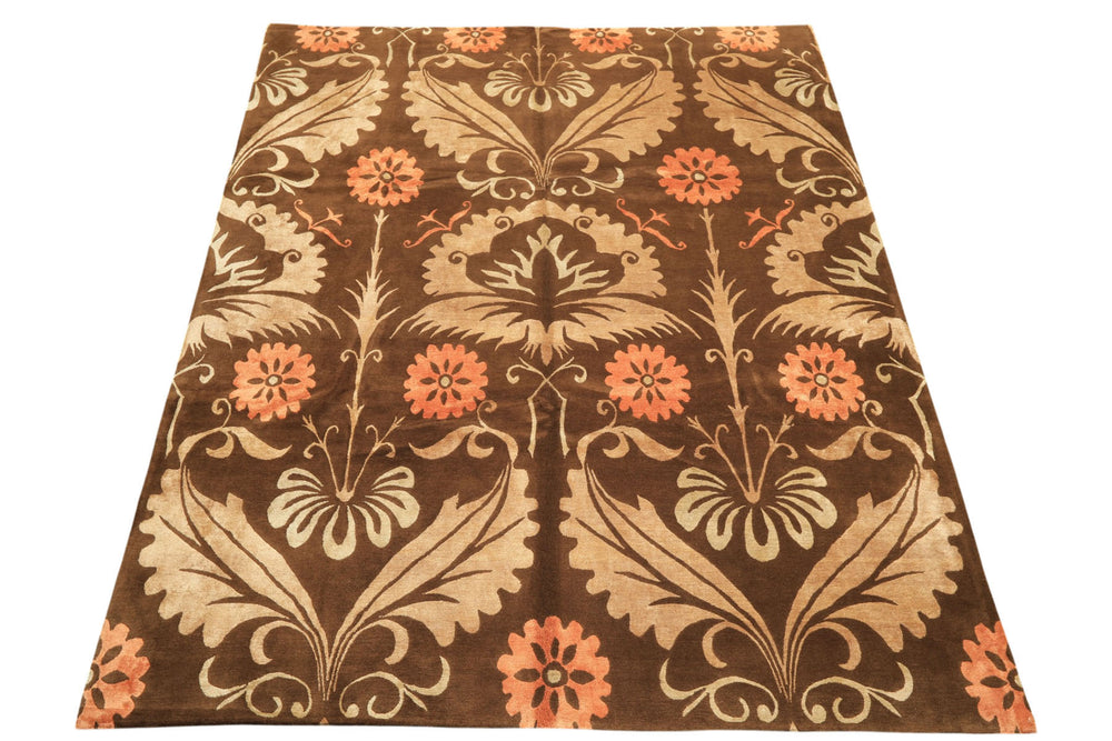 8x10 Brown, Tan, Peach Color Hand Knotted Tibetan Wool & Pure Silk Traditional Oriental Rug