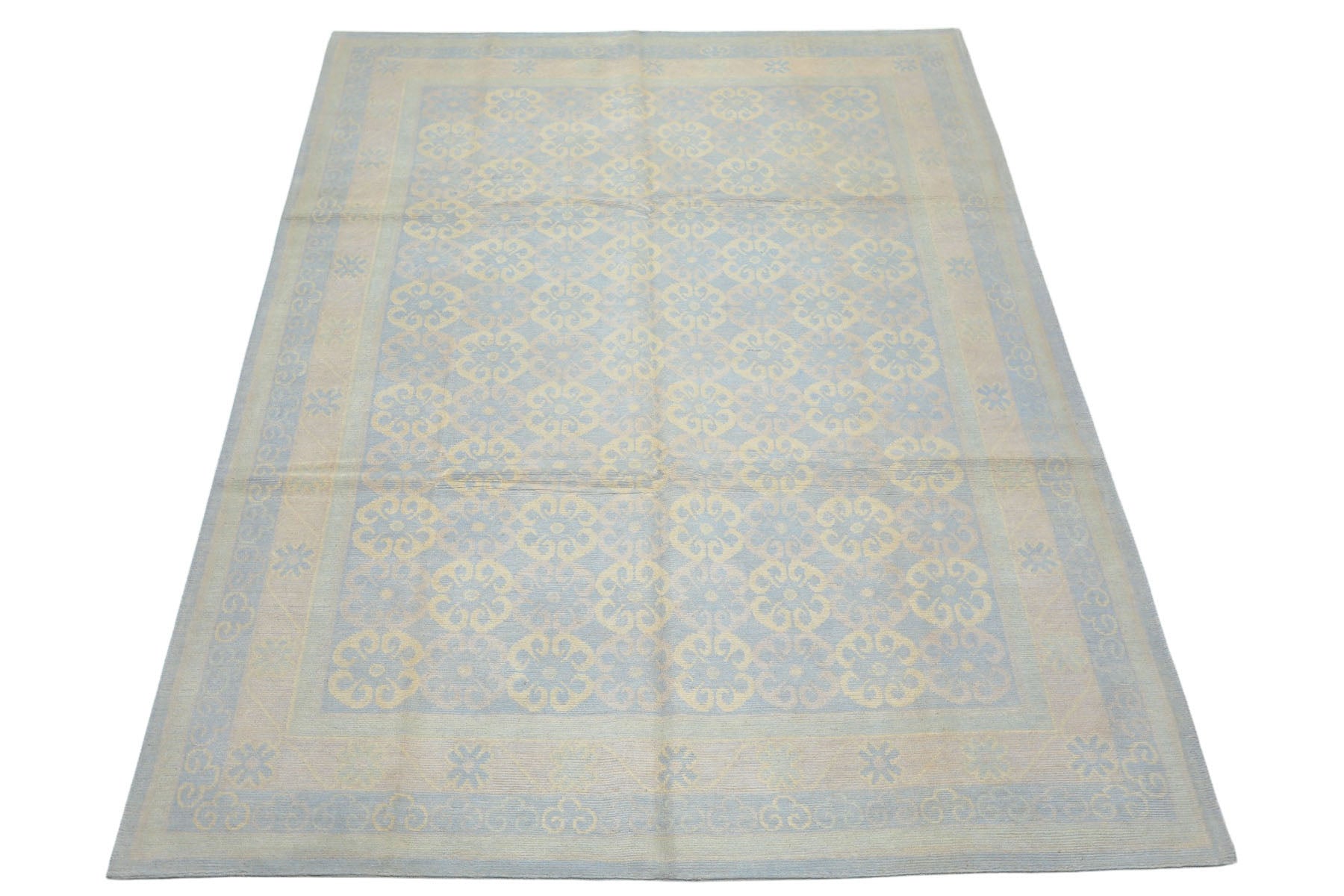 8x10 Blue, Ivory, Seafoam Color Hand Knotted Tibetan Wool Transitional Oriental Rug