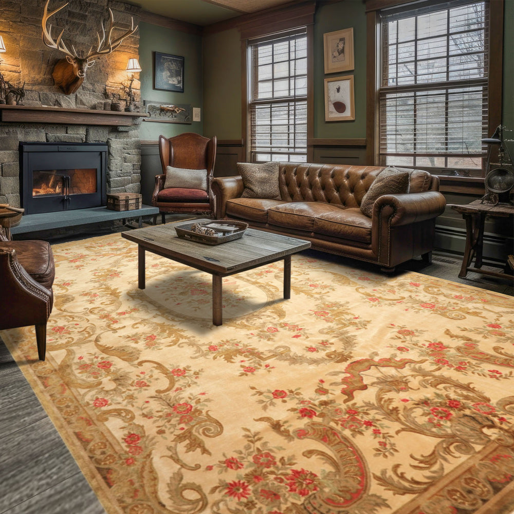 Palace Tan, Gold, Green Color Hand Knotted French Aubusson Savonnerie New Zealand Wool & Silk Traditional Oriental Rug
