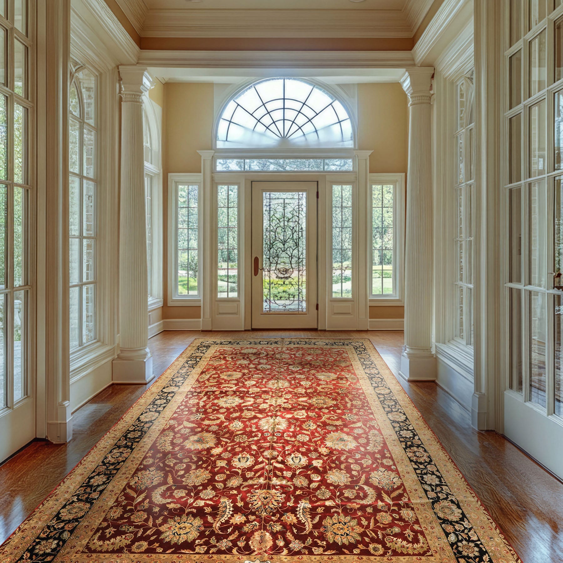 Palace Maroon, Black, Taupe Color Hand Knotted Agra New Zealand Wool & Silk Traditional Oriental Rug