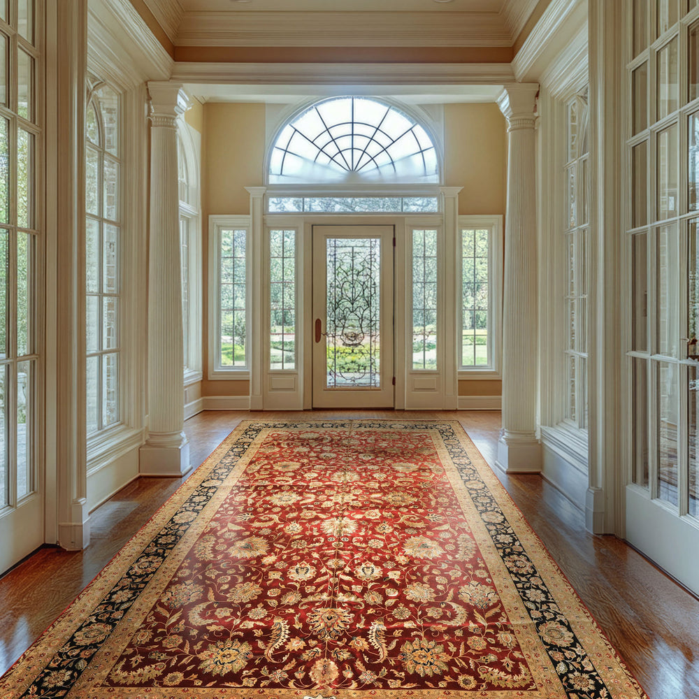 Palace Maroon, Black, Taupe Color Hand Knotted Agra New Zealand Wool & Silk Traditional Oriental Rug
