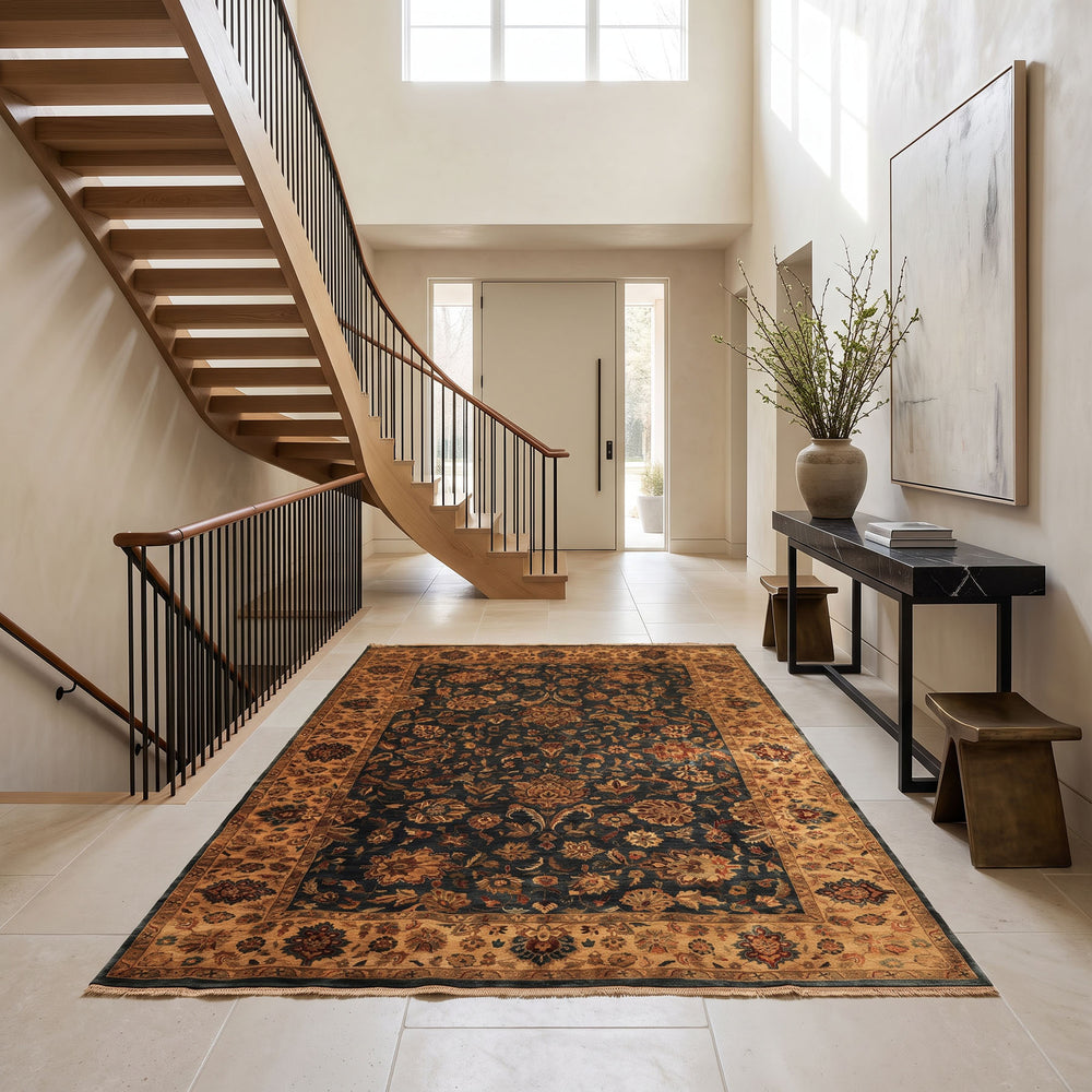Palace Teal, Beige, Gold Color Hand Knotted Agra New Zealand Wool Traditional Oriental Rug