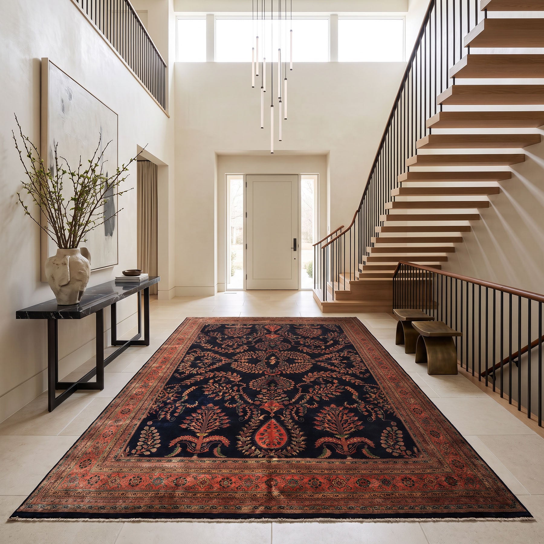 Palace Royal Blue, Rose, Aqua Color Hand Knotted Sarouk New Zealand Wool Traditional Oriental Rug