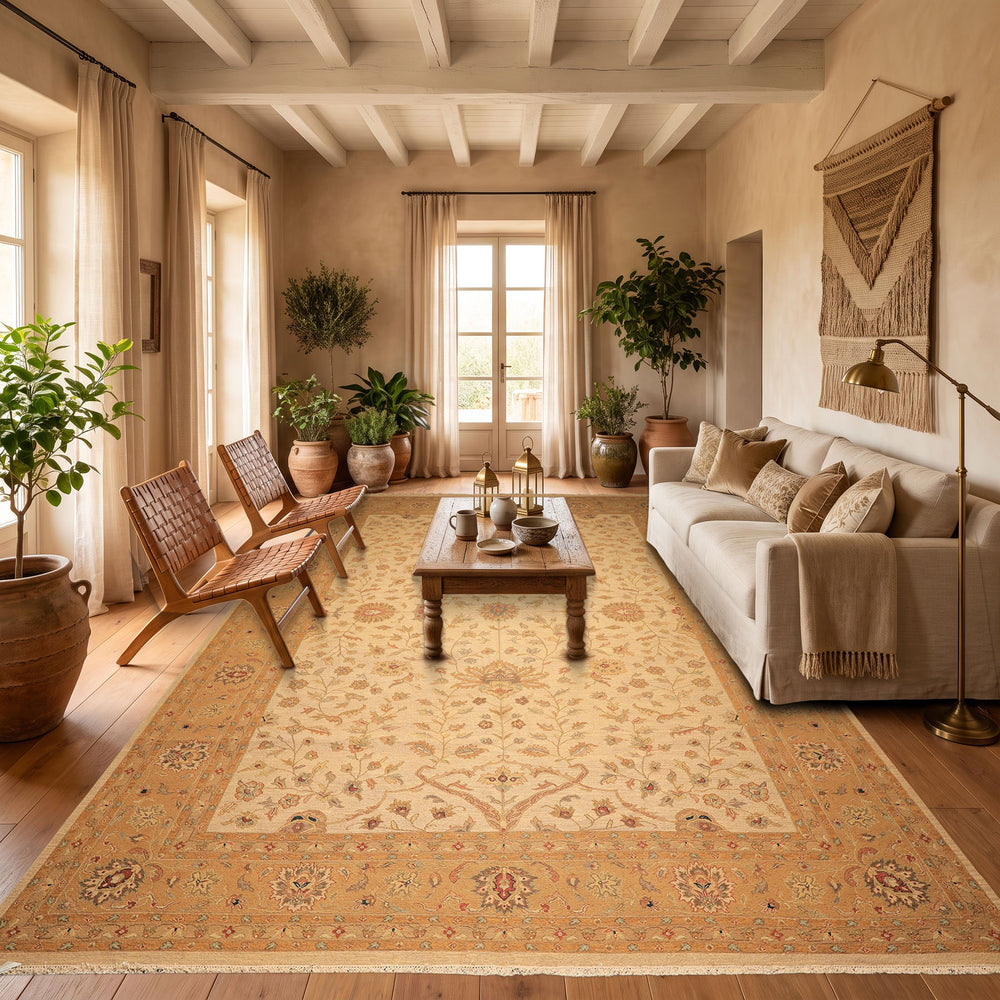 12x18 Beige, Tan, Gold Color Hand Knotted Soumak Wool Transitional Oriental Rug