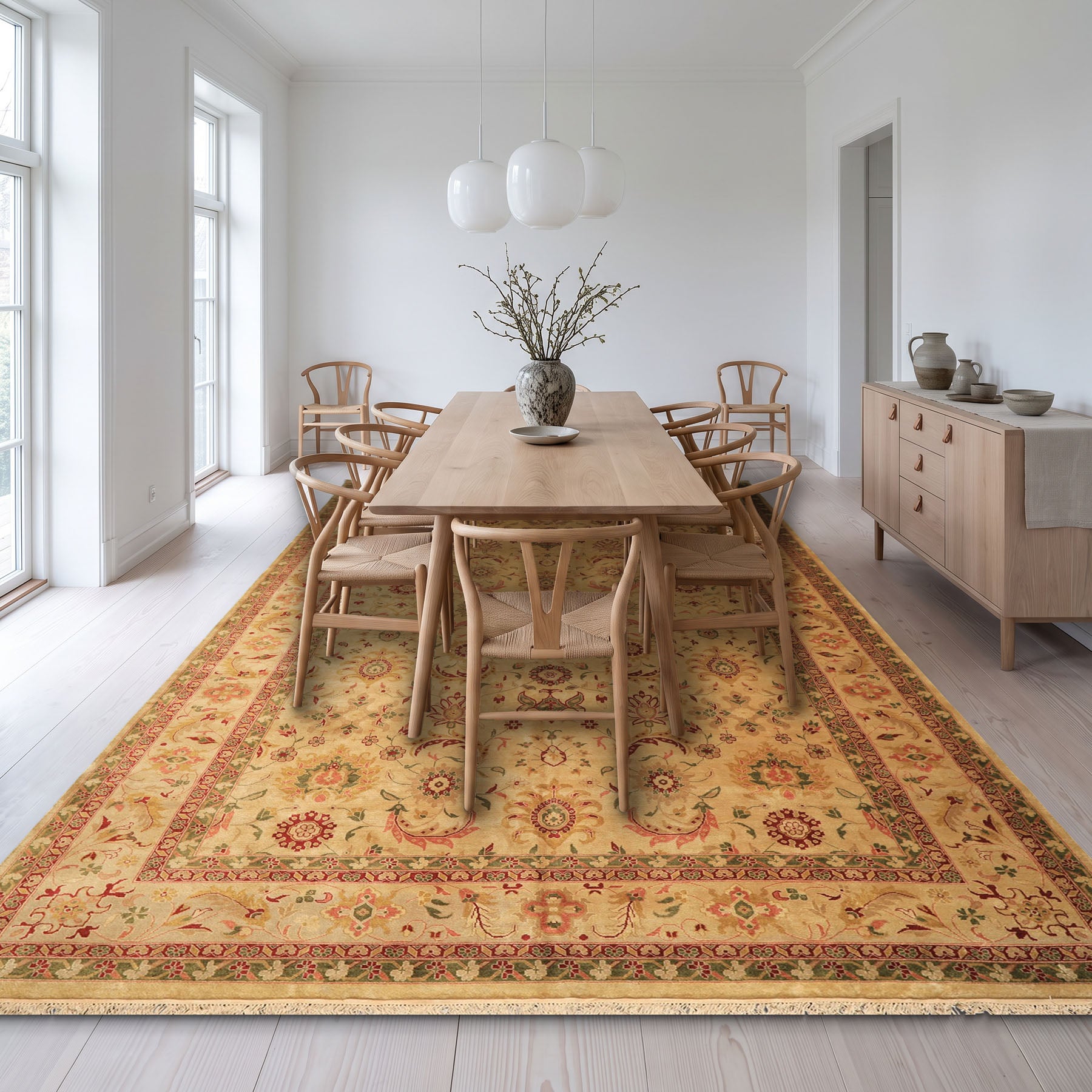 Palace Beige, Moss, Wine Color Hand Knotted Oushak Wool Transitional Oriental Rug