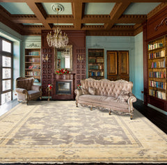 Palace Gray, Ivory, Light Gold Color Hand Knotted Oushak Wool Transitional Oriental Rug