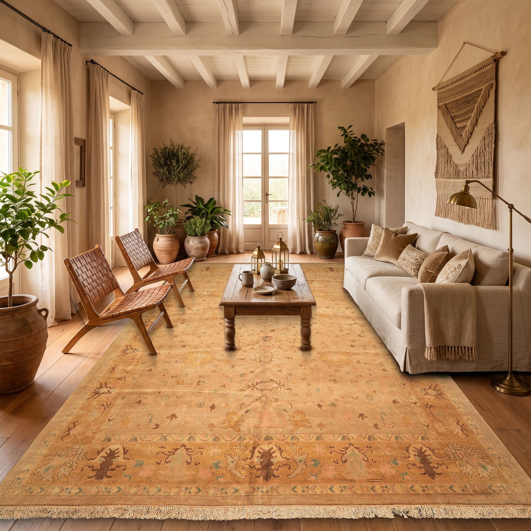 Palace Tan, Gold, Turquoise Color Hand Knotted Oushak Wool Transitional Oriental Rug