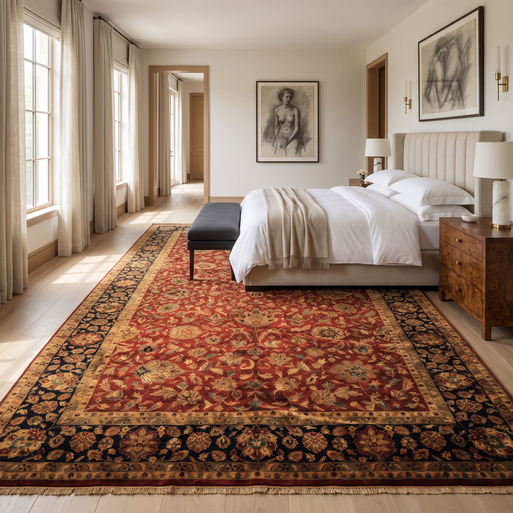 12x18 Burgundy, Black, Green Color Hand Knotted Agra New Zealand Wool Traditional Oriental Rug
