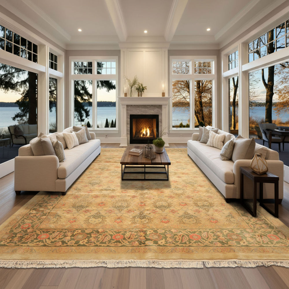 9x13 Beige, Moss, Sage Color Hand Knotted Oushak Wool Transitional Oriental Rug