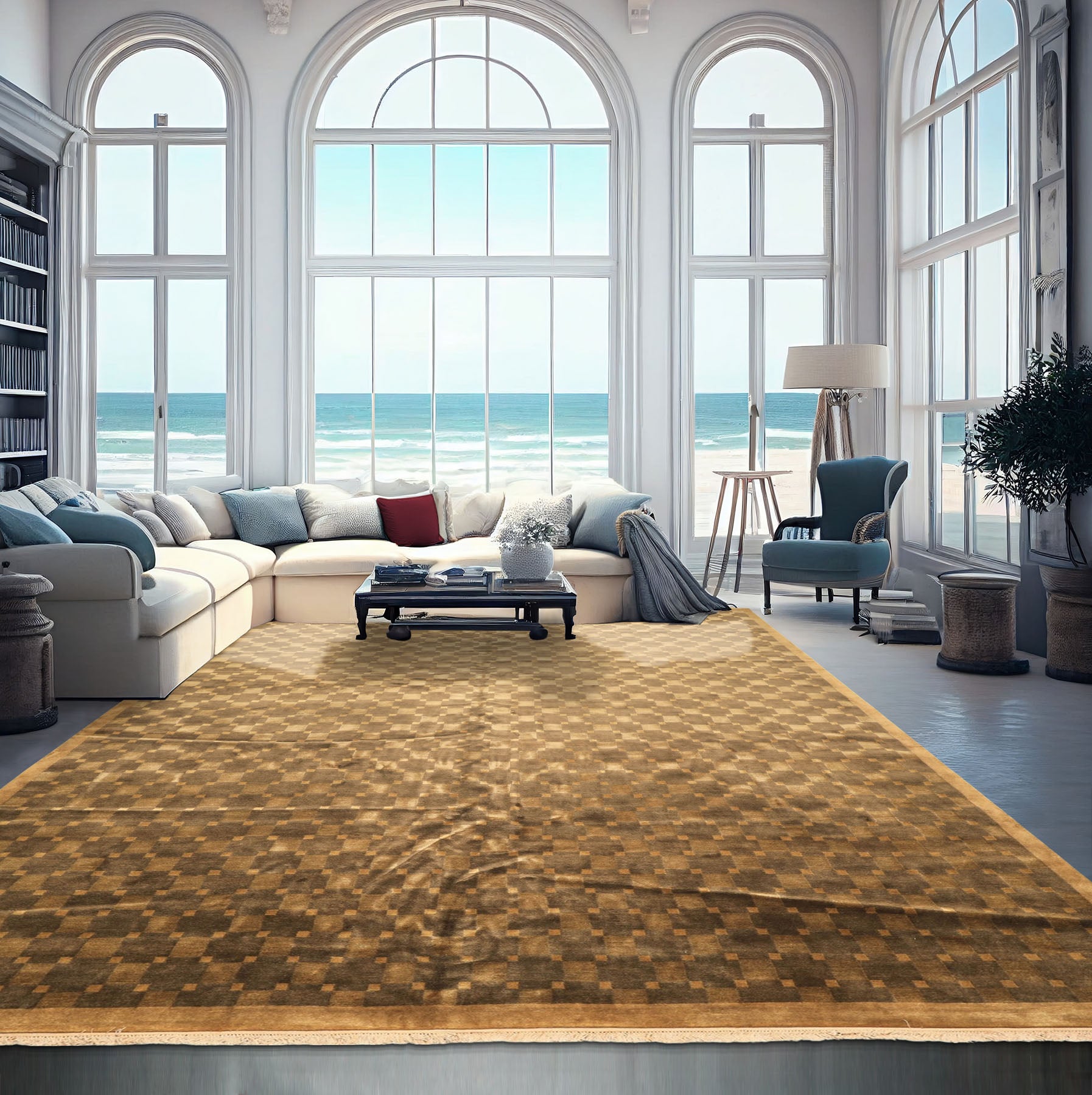 10x14 Tan, Olive, Green Color Hand Knotted Tibetan New Zealand Wool Transitional Oriental Rug