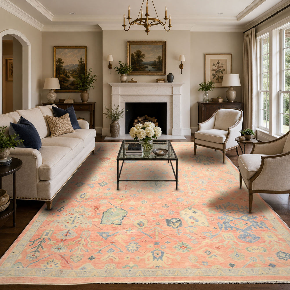 9x12 Blush, Blue, Mint Color Hand Knotted Oushak Wool Transitional Oriental Rug