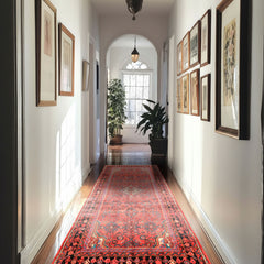 Runner Red, Rose, Charcoal Color Hand Knotted Heriz Wool Traditional Oriental Rug