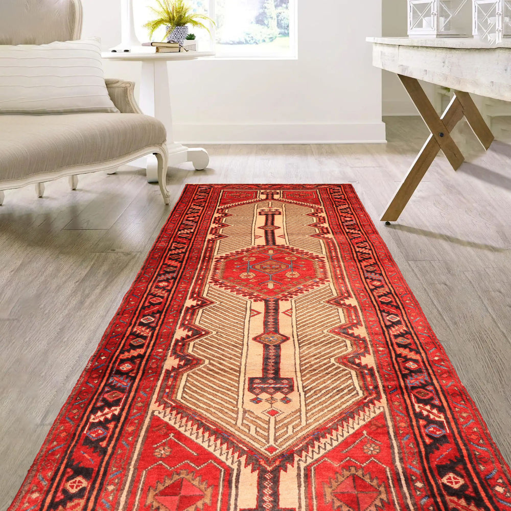 Runner Beige, Red, Rose Color Hand Knotted Heriz Wool Traditional Oriental Rug
