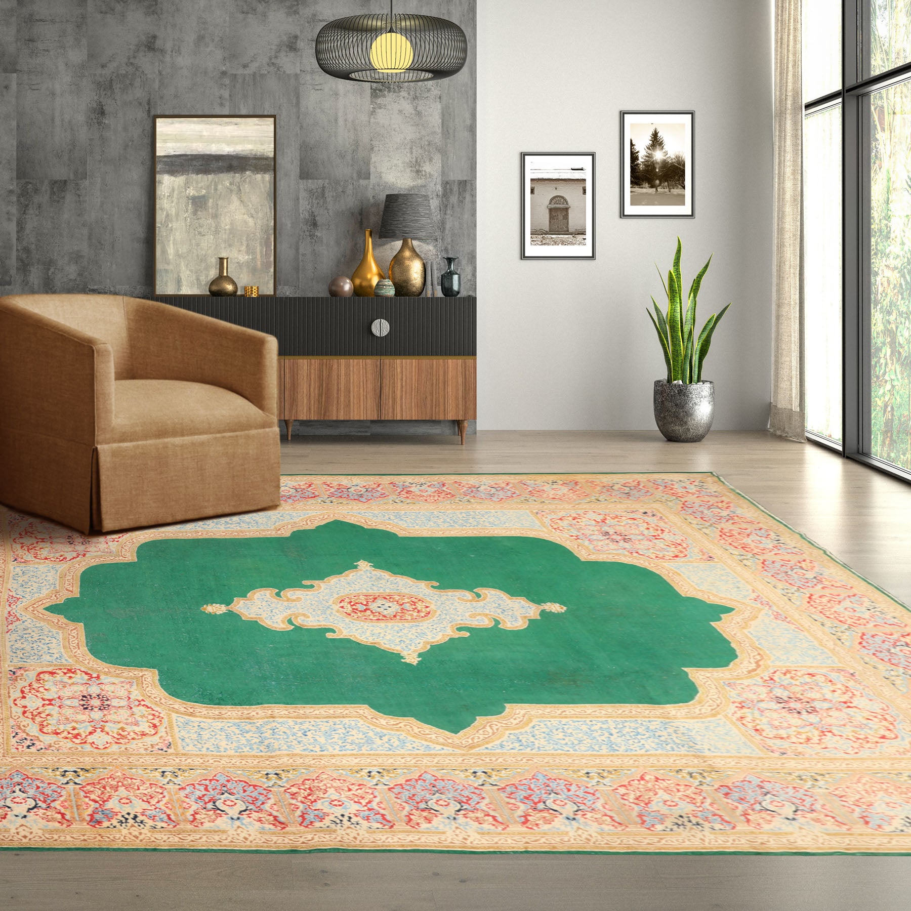 9x12 Green, Ivory, Rose Color Hand Knotted Kerman Wool Traditional Oriental Rug