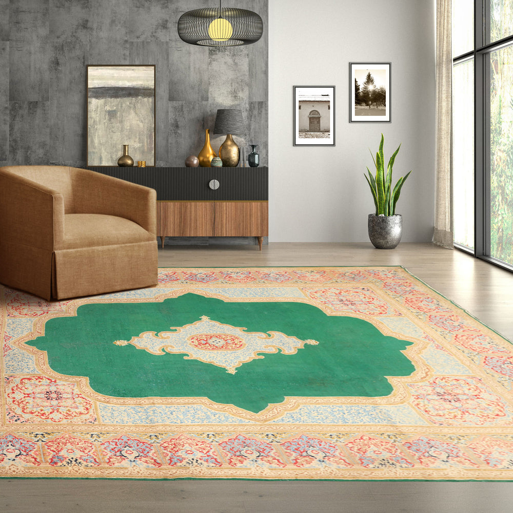 9x12 Green, Ivory, Rose Color Hand Knotted Kerman Wool Traditional Oriental Rug