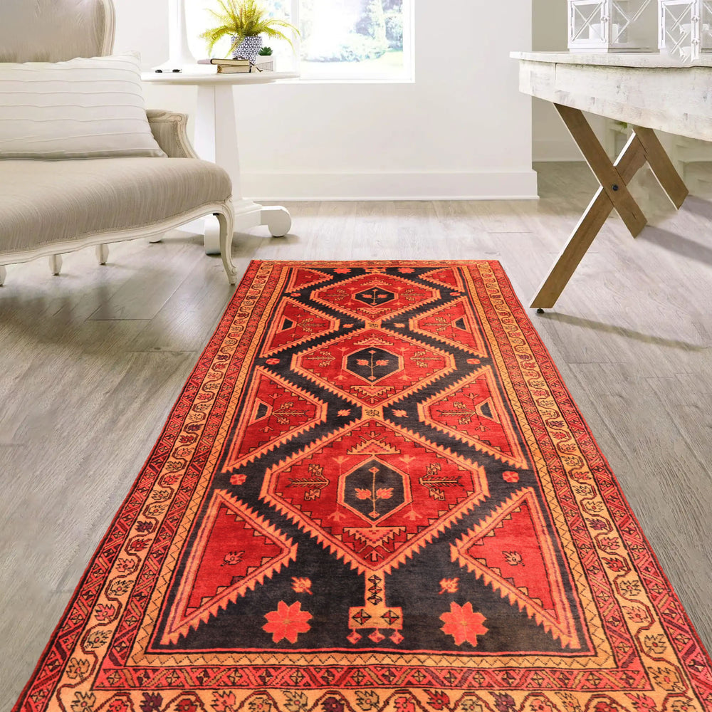 Runner Rust, Charcoal, Rose Color Hand Knotted Bakshaish Wool Traditional Oriental Rug