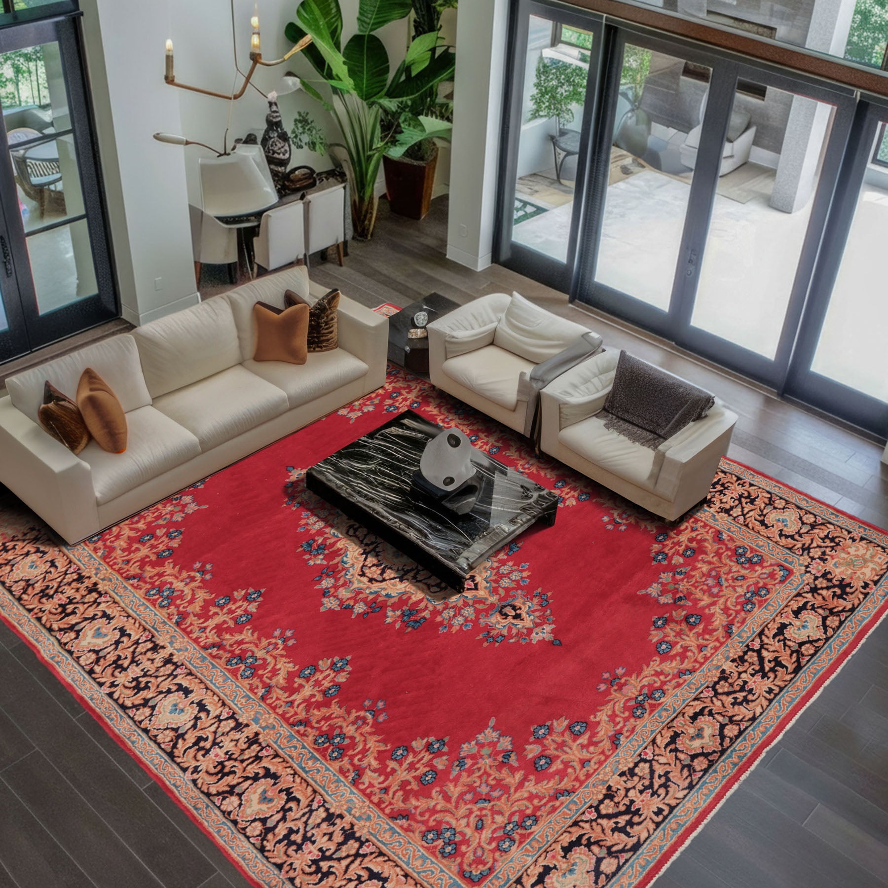 7x10 Red, Navy, Aqua Color Hand Knotted Kerman Wool Traditional Oriental Rug