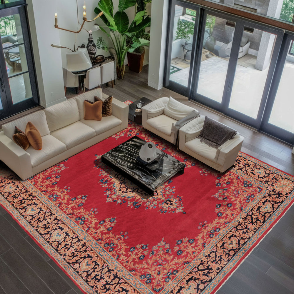 7x10 Red, Navy, Aqua Color Hand Knotted Kerman Wool Traditional Oriental Rug