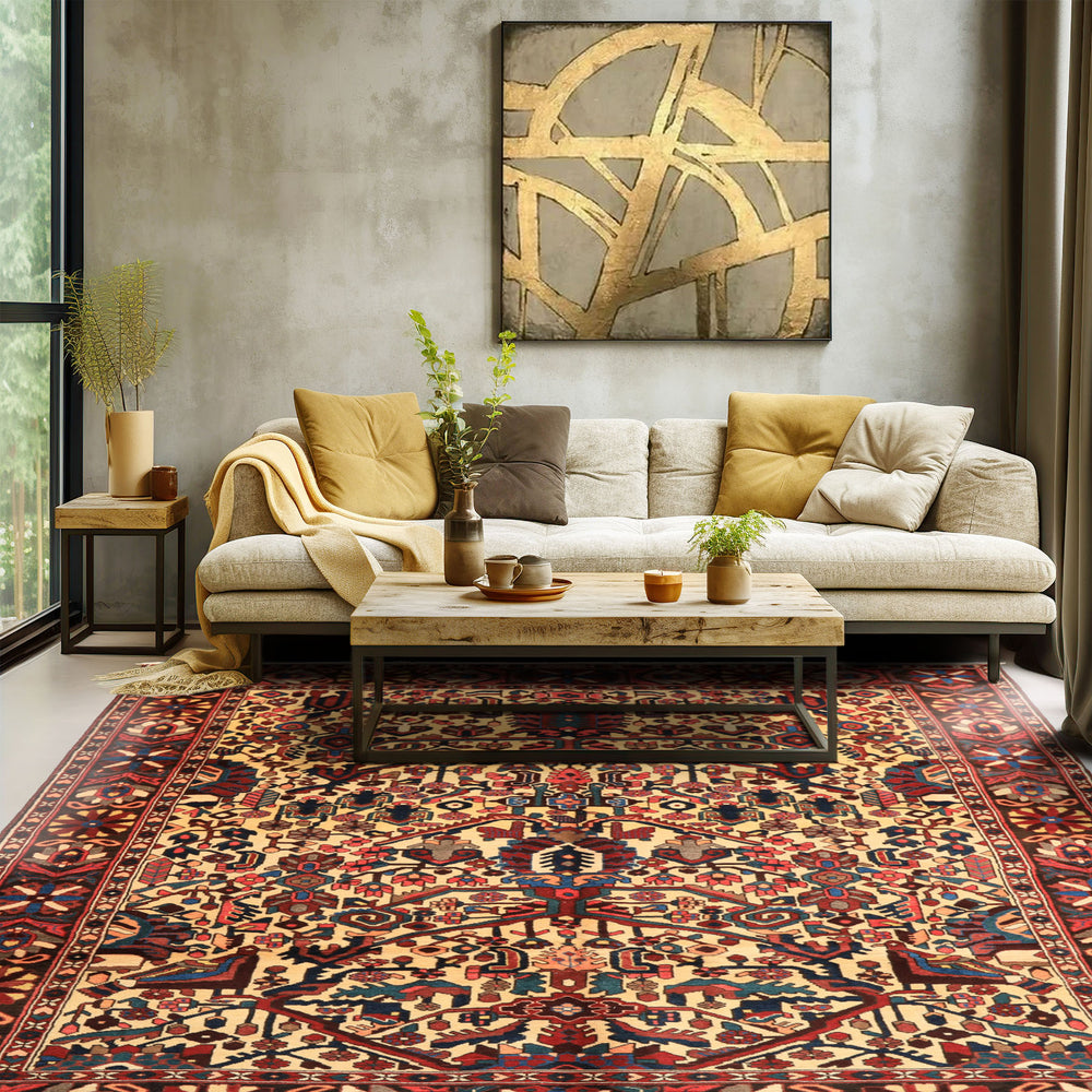 7x10 Ivory, Chocolate, Navy Color Hand Knotted Char Mahal Bhaktiari Wool Traditional Oriental Rug