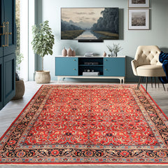 7x10 Red, Midnight Blue, Orange Color Hand Knotted Kashmar Wool Traditional Oriental Rug
