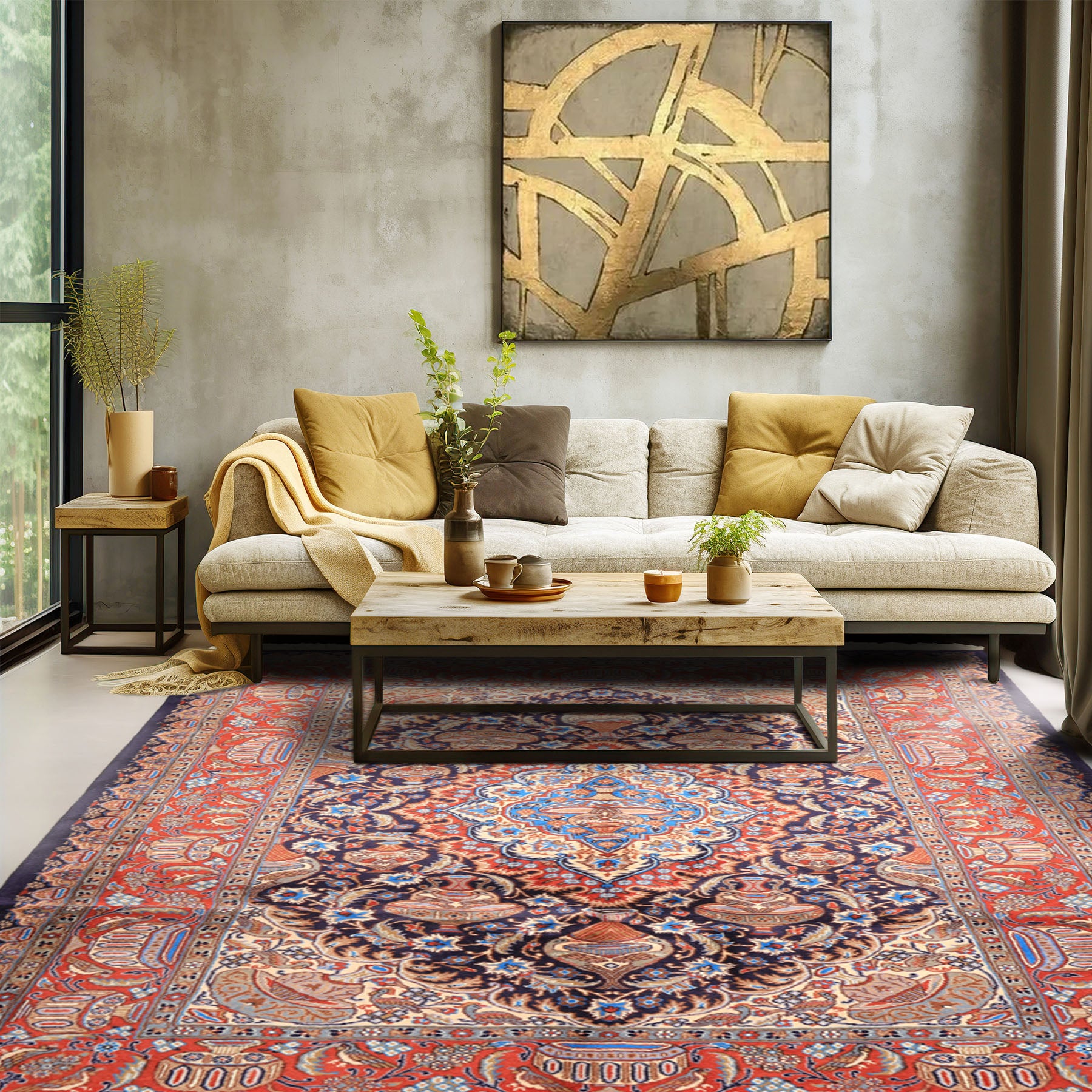 6x9 Navy, Burnt Orange, Ivory Color Hand Knotted Kashmar Wool Traditional Oriental Rug
