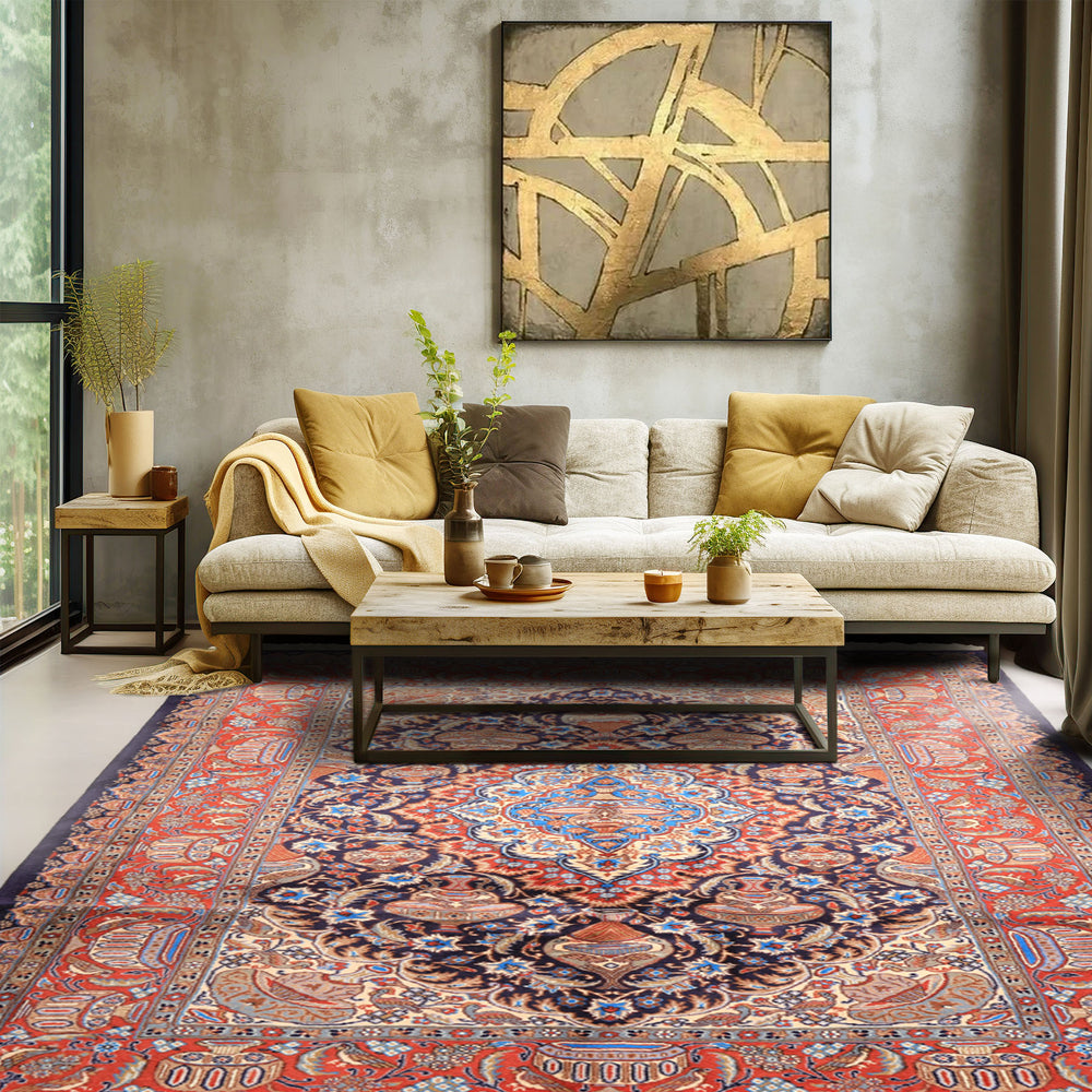 6x9 Navy, Burnt Orange, Ivory Color Hand Knotted Kashmar Wool Traditional Oriental Rug
