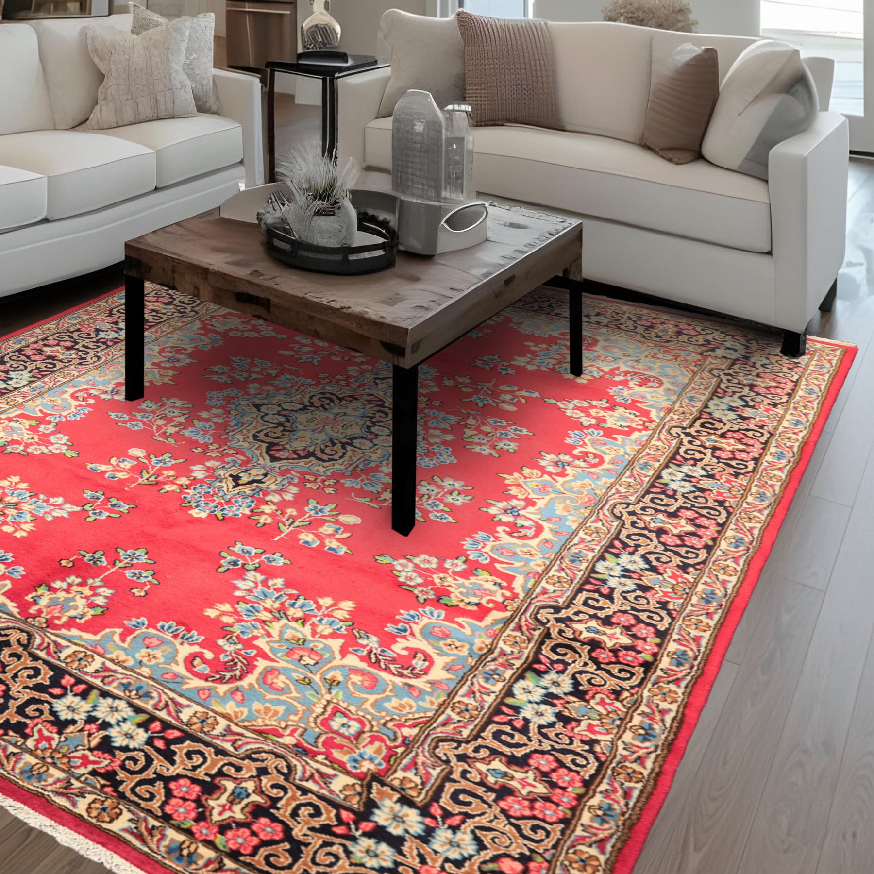 7x10 Fuschia, Midnight Blue, Aqua Color Hand Knotted Kerman Wool Traditional Oriental Rug