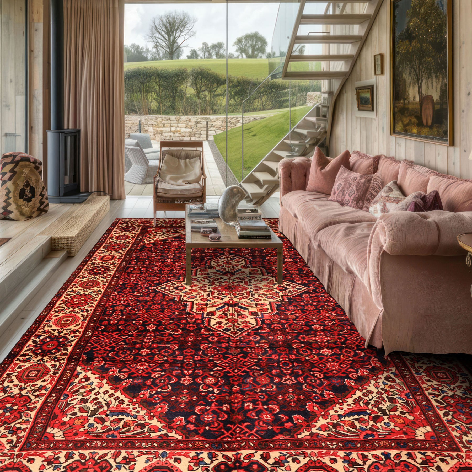 7x11 Midnight Blue, Ivory, Red Color Hand Knotted Hamadan Wool Traditional Oriental Rug