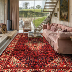 7x11 Midnight Blue, Ivory, Red Color Hand Knotted Hamadan Wool Traditional Oriental Rug